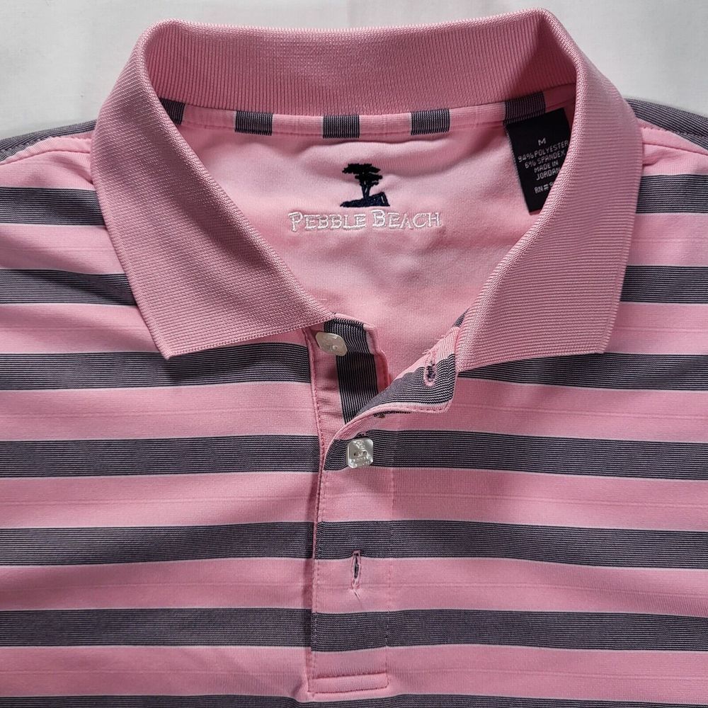 Pebble‎ Beach Men's Medium Pink Gray Striped Short Sleeve Golf Polo